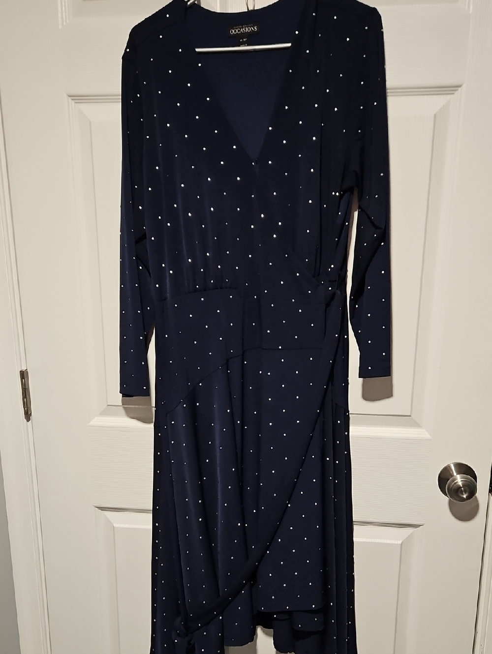 Occasion Navy True Wrap Long Sleeve Dress with Silver Studs